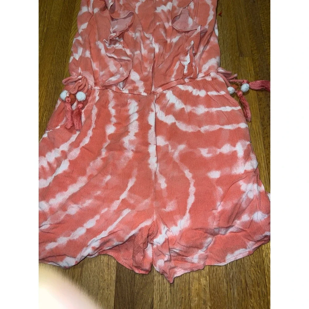 Justice Girls 16 Peach White Tie-Dye‎ Tassel Ruffle Sleeveless Short Romper
